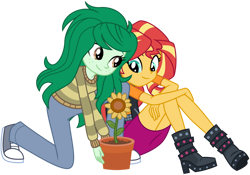 Size: 1024x717 | Tagged: safe, artist:emeraldblast63, sunset shimmer, wallflower blush, equestria girls, equestria girls series, forgotten friendship, g4, converse, duo, earth day, flower, shoes, simple background, sneakers, sunflower, transparent background