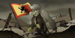 Size: 1920x976 | Tagged: safe, artist:mushroompone, oc, oc only, griffon, equestria at war mod, clothes, cover, fanfic, fanfic art, fanfic cover, flag, flag waving, griffon empire, griffonia at war, gun, rifle, war, weapon