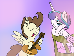 Size: 1024x768 | Tagged: safe, artist:clitterpawristic, pound cake, princess flurry heart, alicorn, pegasus, pony, g4, female, guitar, male, musical instrument, older, older flurry heart, older pound cake, ship:poundflurry, shipping, singing, straight