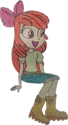 Size: 824x1500 | Tagged: safe, artist:jebens1, artist:therandomone95, apple bloom, equestria girls, g4, apple bloom's bow, boots, bow, clothes, cropped, hair bow, jeans, pants, shirt, shoes, sitting, smiling