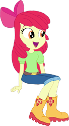 Size: 879x1600 | Tagged: safe, artist:jebens1, artist:therandomone95, apple bloom, equestria girls, g4, adorabloom, apple bloom's bow, belt, boots, bow, clothes, cute, hair bow, jeans, pants, red hair, shirt, shoes, sitting, smiling, solo