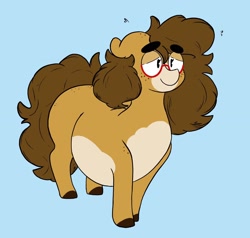 Size: 2048x1952 | Tagged: safe, artist:somefrigginnerd, oc, oc only, oc:pencil test, earth pony, pony, blue background, earth pony oc, fat, female, floppy ears, glasses, lidded eyes, meme, plewds, redesign this oc, simple background, solo, thick eyebrows