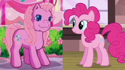 Size: 1280x720 | Tagged: safe, artist:megalobronia, screencap, pinkie pie, pinkie pie (g3), earth pony, pony, a very pony place, g3, g4, positively pink, three's a crowd, comparison, cropped, female, g3 to g4, generation leap, mare, party cake place