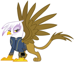 Size: 1024x844 | Tagged: safe, artist:cloudy glow, artist:php170, gilda, griffon, fallout equestria, g4, clothes, fallout, female, jumpsuit, majestic, pipboy, simple background, solo, spread wings, transparent background, vault suit, vector, wings