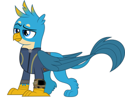 Size: 5000x3977 | Tagged: safe, artist:dashiesparkle, artist:php170, gallus, griffon, fallout equestria, g4, school daze, absurd resolution, clothes, cute, fallout, gallabetes, happy, jumpsuit, male, pipboy, raised eyebrow, simple background, solo, transparent background, vault suit, vector