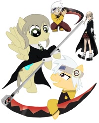 Size: 1080x1350 | Tagged: safe, artist:ponyrefaa, human, pegasus, pony, clothes, maka albarn, ponified, rearing, scythe, simple background, smiling, soul eater, soul evans, white background