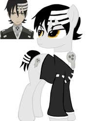 Size: 1080x1350 | Tagged: safe, artist:ponyrefaa, human, pony, bust, death the kid, duo, looking back, male, ponified, simple background, soul eater, stallion, white background