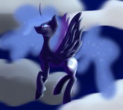 Size: 1400x1250 | Tagged: safe, artist:squirtlesuniverse, nightmare moon, alicorn, pony, g4, cloud, ethereal mane, female, flying, horn, mare, outdoors, solo, starry mane, wings