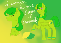 Size: 1700x1200 | Tagged: safe, artist:squirtlesuniverse, oc, oc only, oc:lemon lime, earth pony, pony, abstract background, bust, duo, earth pony oc, eyes closed, female, mare, raised hoof, reference sheet
