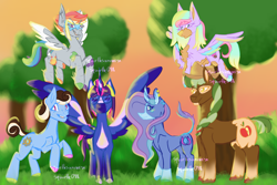 Size: 1800x1200 | Tagged: safe, artist:squirtlesuniverse, applejack, fluttershy, pinkie pie, rainbow dash, rarity, twilight sparkle, alicorn, earth pony, pegasus, pony, unicorn, g4, alternate timeline, female, flying, horn, mane six, mare, outdoors, redesign, spread wings, tree, twilight sparkle (alicorn), wings