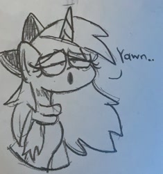 Size: 846x900 | Tagged: safe, artist:therealeggwtf, oc, oc only, oc:epsi pep power, alicorn, pony, bow, clothes, female, hair bow, mare, scarf, sketch, tired, traditional art, yawn