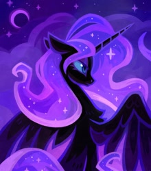 Size: 1080x1230 | Tagged: safe, artist:adreamera, nightmare moon, alicorn, pony, g4, crescent moon, female, mare, moon, night, sitting, solo, spread wings, wings