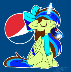 Size: 1733x1741 | Tagged: safe, artist:severe acrophobia, oc, oc only, oc:epsi pep power, alicorn, pony, clothes, cute, drinking, female, mare, pepsi, scarf, soda