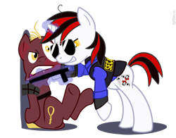 Size: 1600x1257 | Tagged: dead source, safe, artist:dotrook, oc, oc only, oc:blackjack, fallout equestria, fallout equestria: project horizons, baton, between a rock and a hard place, clothes, colored sclera, cornered, grenade, gritted teeth, jumpsuit, link in description, pipbuck, raider, security, security officer, simple background, smiling, sunglasses, transparent background, vault security armor, vault suit, yellow eyes, yellow sclera