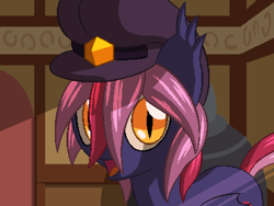 Size: 800x600 | Tagged: safe, artist:rangelost, oc, oc only, oc:moonflower, bat pony, pony, cyoa:d20 pony, bat pony oc, bust, cap, female, hat, looking at you, mare, open mouth, pixel art, solo, standing, talking to viewer