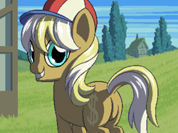 Size: 800x600 | Tagged: safe, artist:rangelost, long shot, earth pony, pony, cyoa:d20 pony, g4, butt, dock, female, grass, hat, house, looking at you, looking back, looking back at you, mare, outdoors, pixel art, plot, ponyville, rear view, sky, solo