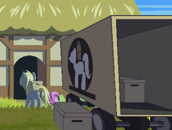 Size: 800x600 | Tagged: safe, artist:rangelost, derpy hooves, merry may, pegasus, pony, cyoa:d20 pony, g4, box, duo, female, grass, house, mare, outdoors, pixel art, sky, wagon