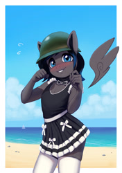 Size: 1500x2128 | Tagged: safe, artist:mrscroup, oc, oc only, oc:boreal bloom, pegasus, anthro, beach, femboy, helmet, male, malesub, outdoors, passepartout, solo, submissive