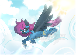 Size: 3256x2352 | Tagged: safe, artist:awokenarts, oc, oc only, oc:neon flare, pegasus, pony, clothes, cloud, female, goggles, high res, mare, solo, uniform, wings, wonderbolts uniform