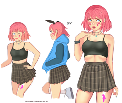 Size: 1412x1194 | Tagged: safe, artist:noah-x3, oc, oc only, oc:neon flare, human, bra, breasts, bunny ears, clothes, crop top bra, cutie mark on human, face paint, female, hoodie, humanized, humanized oc, jacket, sketch, skirt, solo, tattoo, underwear, wristband
