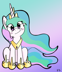 Size: 1885x2160 | Tagged: safe, artist:dark shadow, princess celestia, alicorn, pony, g4, blushing, closed mouth, cute, cutelestia, eye clipping through hair, eyes open, female, gradient background, head tilt, high res, horn, jewelry, looking at you, mare, regalia, sitting, smiling, smiling at you, solo
