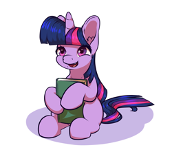 Size: 1700x1500 | Tagged: safe, artist:aquaticvibes, twilight sparkle, pony, unicorn, g4, big horn, book, female, filly, filly twilight sparkle, horn, missing cutie mark, open mouth, simple background, sitting, solo, unicorn twilight, white background, younger