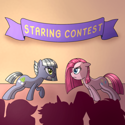 Size: 1000x1000 | Tagged: safe, artist:cappie, limestone pie, pinkie pie, earth pony, pony, g4, angry, background pony, banner, cheering, contest, crowd, female, mare, pinkamena diane pie, siblings, sisters, stare, staring contest