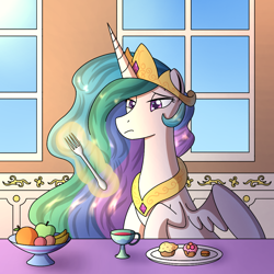 Size: 1000x1000 | Tagged: safe, artist:cappie, princess celestia, pony, g4, bored, breakfast, celestia is not amused, crown, cup, cupcake, food, fork, fruit, herbivore, jewelry, magic, muffin, regalia, solo, table, unamused, window