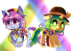 Size: 700x500 | Tagged: safe, artist:sukeyfour, pony, unicorn, broken horn, crossover, duo, female, hat, horn, komeiji koishi, komeiji satori, mare, ponified, siblings, sisters, touhou