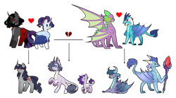 Size: 1280x712 | Tagged: safe, artist:scarletwitchinfire, king sombra, princess ember, rarity, spike, oc, oc:amethyst flame, oc:apatite, oc:faint, oc:nephritis, oc:night passion, dracony, dragon, hybrid, pony, unicorn, g4, adult, adult spike, bloodstone scepter, divorce, family tree, female, half-siblings, interspecies offspring, male, offspring, older, older spike, parent:king sombra, parent:princess ember, parent:rarity, parent:spike, parents:emberspike, parents:sombrarity, parents:sparity, ship:emberspike, ship:sparity, shipping, simple background, sombrarity, straight, transparent background, winged spike, wings