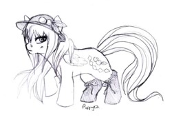 Size: 640x454 | Tagged: safe, artist:puppy12, pony, crossover, female, hat, hinanai tenshi, mare, monochrome, ponified, solo, touhou, traditional art