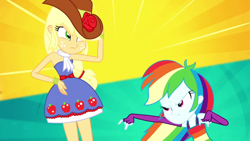 Size: 1280x720 | Tagged: safe, screencap, applejack, rainbow dash, equestria girls, g4, my little pony equestria girls: summertime shorts, raise this roof, armpits, bare shoulders, clothes, cowboy hat, cutie mark, cutie mark on clothes, devil horn (gesture), dress, duo, duo female, fall formal outfits, female, fingerless gloves, freckles, gloves, hat, sleeveless, strapless, this means war