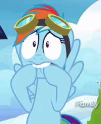 Size: 370x452 | Tagged: safe, screencap, rainbow dash, pegasus, pony, g4, season 6, top bolt, animated, blinking, cropped, cute, dashabetes, discovery family logo, faic, female, flying, gif, goggles, lip bite, looking at you, mare, nervous, perfect loop, rainbow dash is best facemaker, shrunken pupils, wide eyes, wings