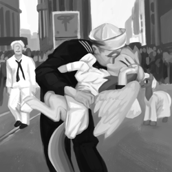 Size: 1000x1000 | Tagged: safe, artist:redruin01, rainbow dash, oc, oc:anon, human, pegasus, pony, g4, black and white, carrying, clothes, embrace, grayscale, holding a pony, interspecies, kissing, monochrome, sailor uniform, times square, uniform, v-j day in times square, world war ii