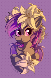 Size: 2853x4356 | Tagged: safe, artist:lilclim, oc, oc only, oc:platinum wing, bat pony, pony, abstract background, big eyes, bust, chest fluff, colored, cute, digital art, eyes open, female, flat colors, flower, fluffy, high res, lily (flower), lineart, mare, portrait, smiling, solo, wings