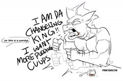 Size: 1545x1017 | Tagged: safe, artist:redxbacon, oc, oc only, oc:villainshima, changeling, anthro, angry, banging, changeling oc, clothes, dialogue, explicit source, fangs, food, joke, male, meme, monochrome, muscles, offscreen character, open mouth, pudding, shirt, simple background, sketch, solo, speech bubble, t-shirt, table, tantrum, white background