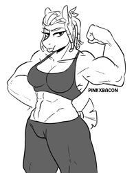 Size: 845x1083 | Tagged: safe, artist:redxbacon, oc, oc only, oc:beatrice, earth pony, anthro, female, flexing, monochrome, muscles, muscular female, muscular mare, solo, strong