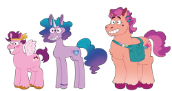 Size: 960x512 | Tagged: safe, artist:zaturn7z, izzy moonbow, pipp petals, sunny starscout, earth pony, pegasus, pony, unicorn, g5, bean mouth, beanbrows, blush sticker, blushing, bracelet, calarts, calarts smile, colored hooves, colored horn, colored wings, female, hilarious in hindsight, horn, jewelry, mare, pipp is short, red eyes, red-eyed pipp, shoulder bag, simple background, smiling, transparent background, unshorn fetlocks, wat, wings