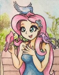 Size: 630x808 | Tagged: safe, artist:astevenamedwolf, fluttershy, bird, cardinal, equestria girls, equestria girls series, g4, bare shoulders, butterfly hairpin, chickadee (bird), clothes, cute, dress, female, happy, open mouth, shyabetes, sleeveless, smiling, traditional art
