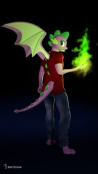 Size: 2160x3840 | Tagged: safe, artist:seriff-pilcrow, spike, dragon, anthro, digitigrade anthro, g4, 3d, angry, ass, butt, clothes, fire, green fire, high res, jeans, looking back, magic, pants, shirt, solo, source filmmaker, t-shirt