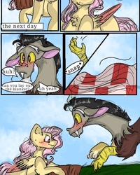 Size: 540x676 | Tagged: safe, artist:cocolove2176, discord, fluttershy, draconequus, pegasus, pony, comic:fluttering chaos, g4, blushing, comic, female, male, mare, outdoors, picnic, ship:discoshy, shipping, smiling, straight, wings