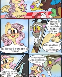 Size: 645x807 | Tagged: safe, artist:cocolove2176, discord, fluttershy, draconequus, pegasus, pony, comic:fluttering chaos, g4, blushing, comic, female, male, mare, picnic, ship:discoshy, shipping, smiling, straight, wings