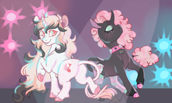 Size: 1000x600 | Tagged: safe, artist:lavvythejackalope, oc, oc only, pony, unicorn, collar, colored hooves, duo, horn, leonine tail, looking back, raised hoof, smiling, unicorn oc