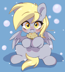 Size: 1000x1100 | Tagged: safe, artist:cottonsweets, derpy hooves, pegasus, pony, g4, blushing, bubble, cute, derpabetes, female, food, mare, muffin, sitting, solo, underp
