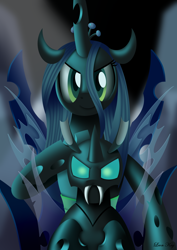 Size: 2480x3508 | Tagged: safe, artist:leonkay, queen chrysalis, changeling, changeling queen, g4, duo, fangs, female, high res, mommy chrissy, petting