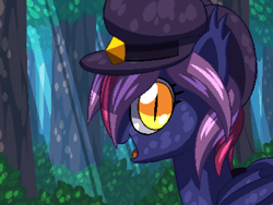 Size: 800x600 | Tagged: safe, artist:rangelost, oc, oc only, oc:moonflower, bat pony, pony, cyoa:d20 pony, bat pony oc, bust, cap, crepuscular rays, female, forest, hat, looking at you, mare, pixel art, profile, solo, story included, talking to viewer, tree