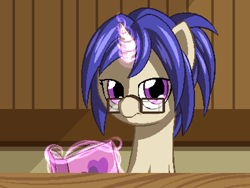 Size: 800x600 | Tagged: safe, artist:rangelost, oc, oc only, oc:plume (rangelost), pony, unicorn, cyoa:d20 pony, book, bust, female, glasses, looking at you, magic, mare, pixel art, telekinesis