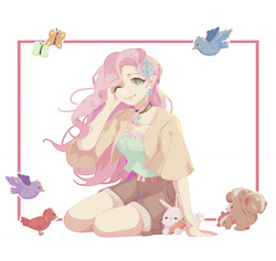 Size: 1280x1215 | Tagged: safe, artist:kameko_mikan, fluttershy, bird, butterfly, human, rabbit, squirrel, g4, animal, breasts, busty fluttershy, carrot, choker, clothes, cute, ear piercing, earring, female, food, hairclip, humanized, jacket, jewelry, one eye closed, piercing, shorts, shyabetes, simple background, solo, white background, windswept hair, wink