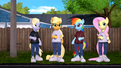 Size: 3840x2160 | Tagged: safe, artist:owlpirate, applejack, derpy hooves, fluttershy, rainbow dash, semi-anthro, g4, 3d, alcohol, arm hooves, beer, beer can, clothes, cosplay, costume, crossover, high res, king of the hill, parody, source filmmaker