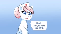 Size: 4096x2304 | Tagged: safe, artist:confetticakez, nurse redheart, pony, dialogue, female, gradient background, looking at you, mare, raised hoof, sitting, solo, speech bubble, talking to viewer